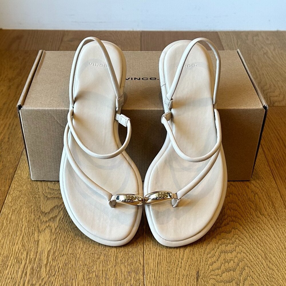 VINCE Lucile Leather Gold-Tone Toe-Ring Slingback Sandals (Birchsand) - Picture 8 of 16